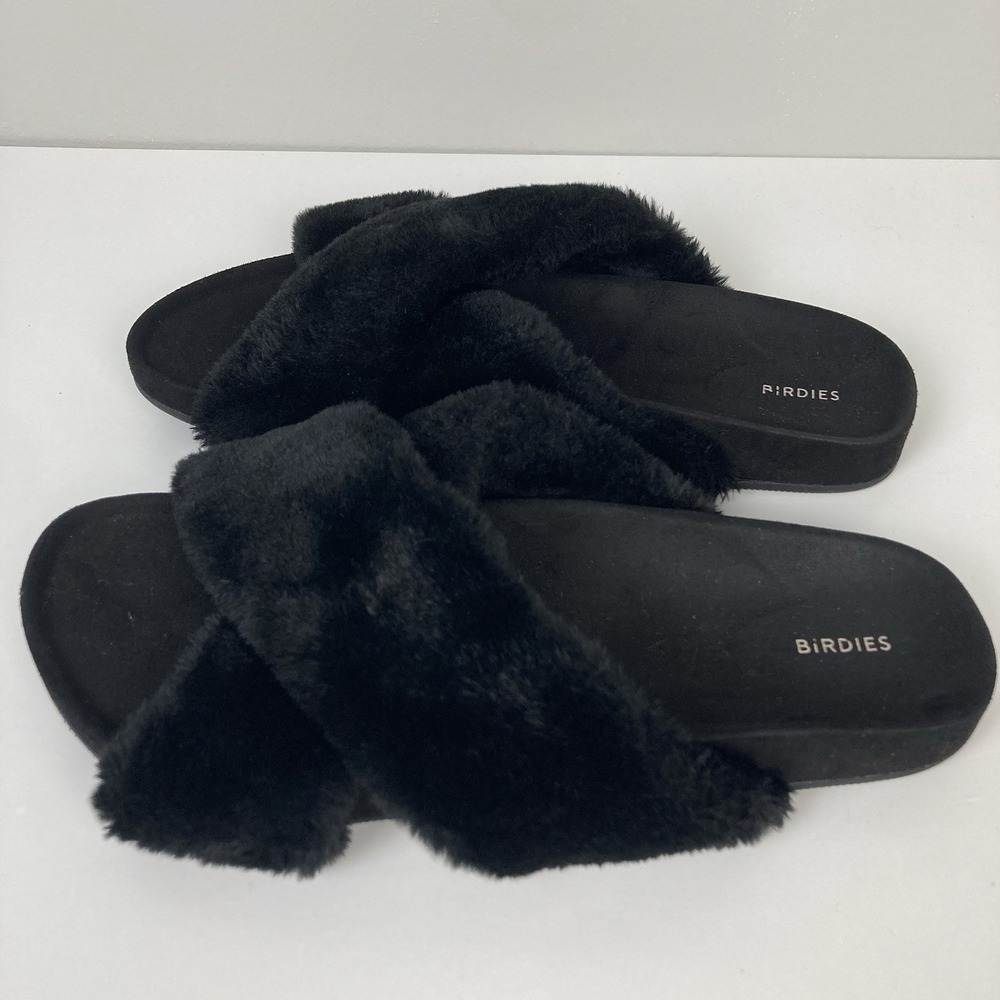 Birdies The Robin Black Faux Fur Slide Sandals House Slippers Cozy Plush sz 8.5 - Picture 4 of 7